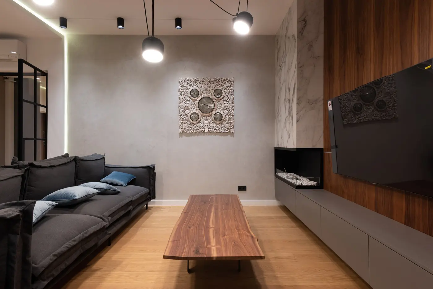 Stock photo: modern living room with a wall mounted TV and sofa
