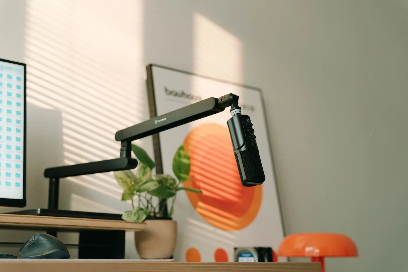 Stock photo: desk microphone on an arm at a workstation