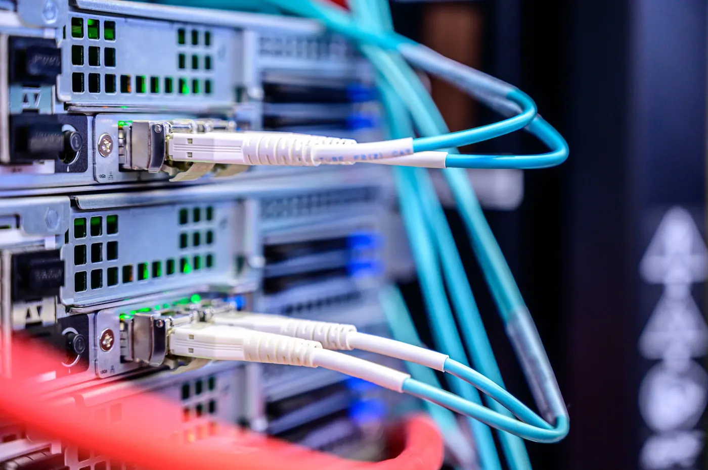 Stock photo: close view of fiber modules and cables in network equipment